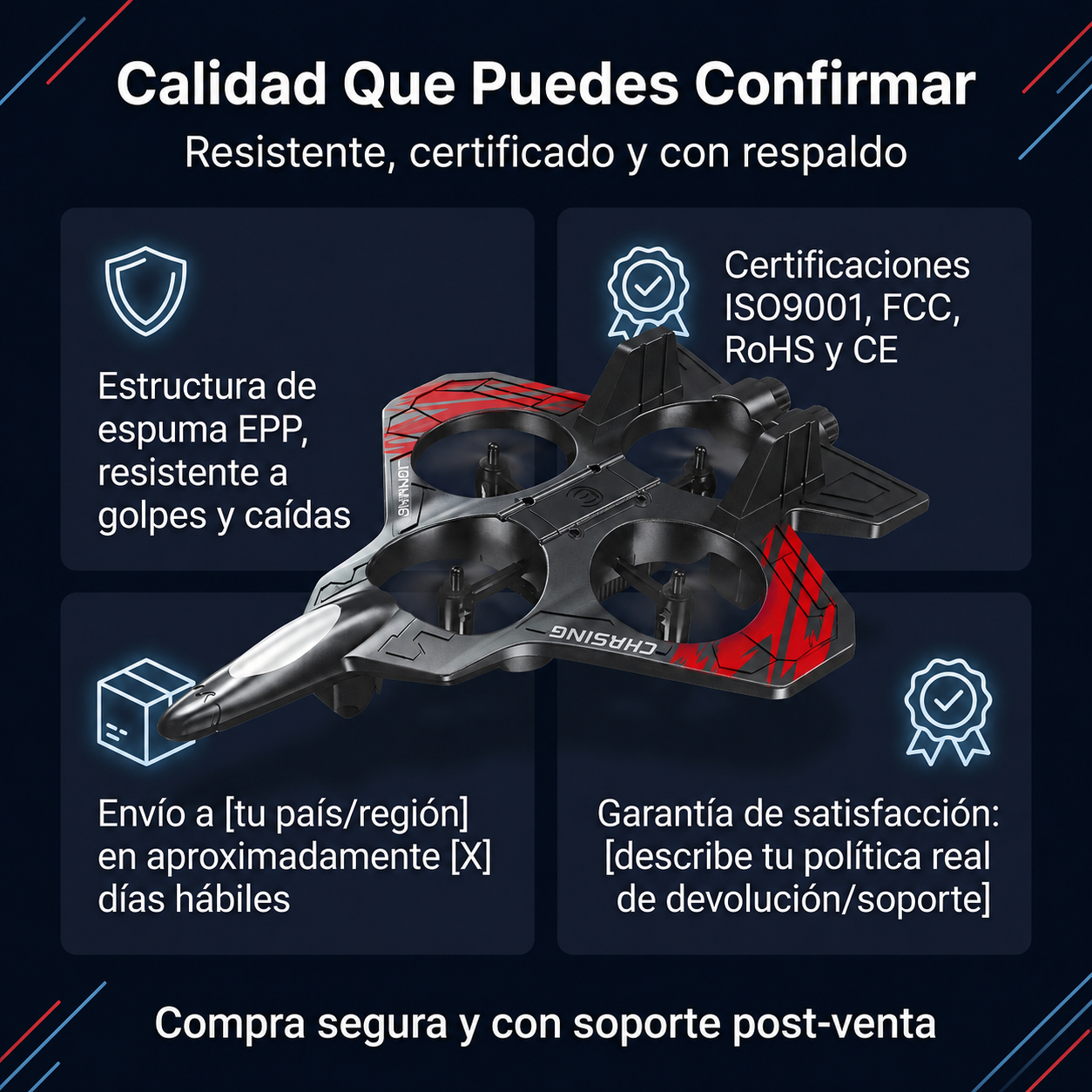 Dron con 4 motores y 6 modos de manejo.